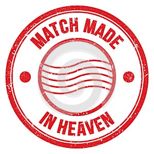 MATCH MADE IN HEAVEN text on red round postal stamp sign