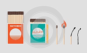 Match and matchbox set. Sticks in open cardboard packs. Matchstick with sulfur, burning and burned. Colorful flat vector