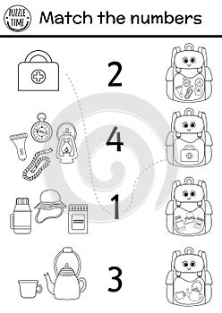 Match the numbers black and white game with kawaii backpack and camping equipment. Summer camp math outline activity with lantern