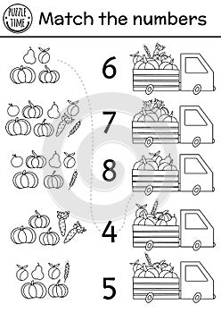 Match the numbers black and white game with van and harvest. Autumn line farm math activity with cute vegetables, fruit.