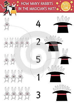 Match the numbers circus game with magician hat and rabbits. Amusement show math activity for preschool kids. Festival educational