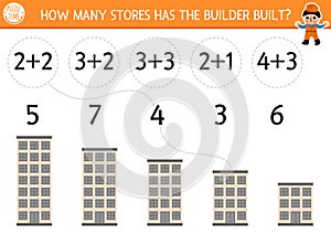 Match the numbers construction site game with builder and building. Math activity for preschool kids with worker. Educational