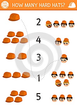 Match the numbers construction site game with builders and hard hats. Building works math activity for preschool kids. Repair