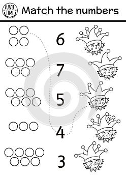 Match the numbers game with buffoon and bells on hat. Black and white fairytale math activity for preschool children. Magic