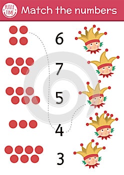 Match the numbers game with buffoon and bells on hat. Fairytale math activity for preschool children. Magic kingdom educational