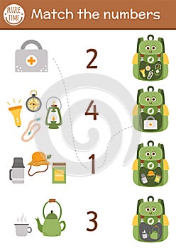 Match the numbers game with kawaii backpack and camping equipment. Summer camp math activity for preschool children with lantern,