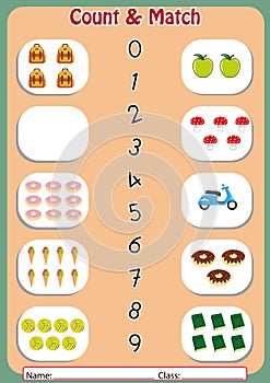 Match the numbers to the objects, worksheet for preschool photo