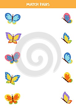 Match pairs of cute flying butterflies. Educational worksheet for kids