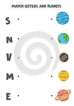 Match planets and letters. Educational logical game for kids. Vocabulary worksheet.