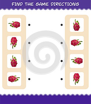 Match the same directions of dragon fruit. Matching game. Educational game for pre shool years kids and toddlers