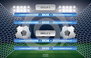 Match schedule of soccer football cup with stadium background.