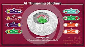 Match Schedule Template on Al Thumama Football Pitch Vector with Flag Country for World Soccer Championship at Qatar in year 2022.