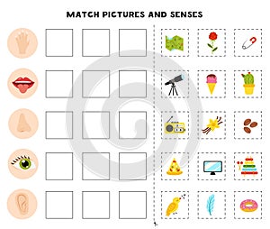 Match of sense organs and objects. Educational worksheet for kids.