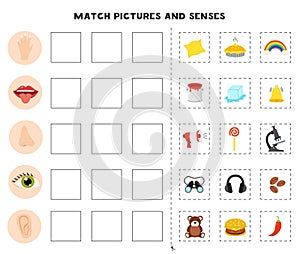 Match of sense organs and objects. Educational worksheet for kids.