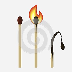 Match set - unused, burning and burned matchsticks. Isolated on white background. Vector.