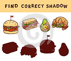 Match the shadow educational game for kids. Vector learning activity with food illustrations