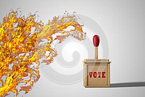 Match-shaped ballot box is near fire demonstrating Election risk. 3D illustration.