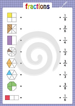 match shapes with correct fractions, education, Mathematics, math worksheet