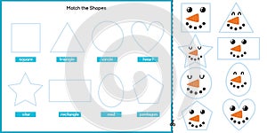 Match the shapes with cute snowman face activity page for kids