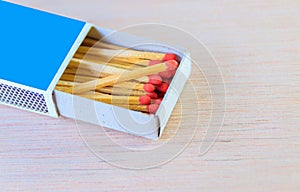 Match stick in box with red head concept energy old vintage on wooden floor background with copy space add text