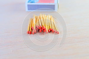 Match stick in box with red head concept energy old vintage on wooden floor background with copy space add text