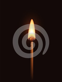 Match stick with flame, 3d realistic half burnt matchstick with bright hot flame