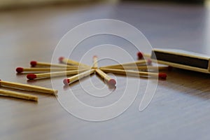 Match stick. Unburnt match stick. Match sticks on wood table. photo