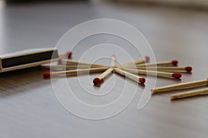 Match stick. Unburnt match stick. Match sticks on wood table. photo