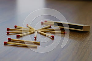 Match stick. Unburnt match stick. Match sticks on wood table. photo