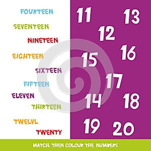 Match then colour the numbers 11 to 20. Kids words learning game, worksheets with simple colorful graphics. children educational L