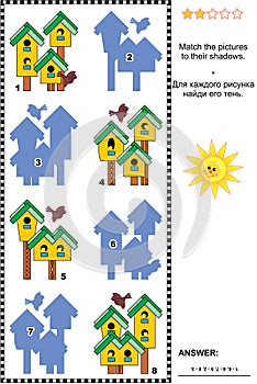 Match to shadow visual puzzle with spring birdhouses