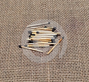 A match is a tool for starting a fire. Typically, matches are made of small wooden sticks or stiff paper. photo