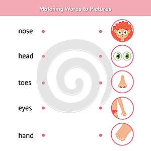 Match the words to pictures. Learn to read matching game for kids photo
