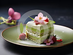 Matcha biscuit cake slice with pistachio and vanilla layers on dark grey background. Healthy sweet food concept. Piece of matcha