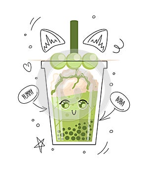 Matcha bubble tea, pearl milk tea, boba, Taiwans drink. Dango balls on a stick. chewy tapioca balls grass jelly. Whipped