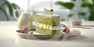 Matcha cake on white table for coffee break snack