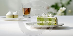 Matcha cake on white table for coffee break snack