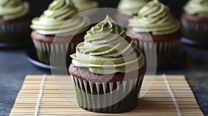 Matcha Cupcakes on Bamboo Mat (1