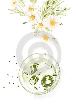 Matcha drink with ice and a chamomile bouquet vector watercolor. top views