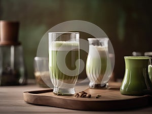 Matcha in glass on wooden tray, Japanese drinks. Generative AI