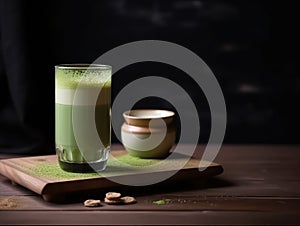 Matcha in glass on wooden tray, Japanese drinks. Generative AI