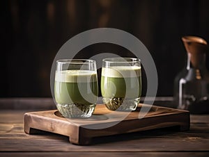 Matcha in glass on wooden tray, Japanese drinks. Generative AI