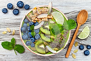 Matcha green tea breakfast superfoods smoothies bowl topped with chia, flax and pumpkin seeds, bee pollen, granola, coconut flakes