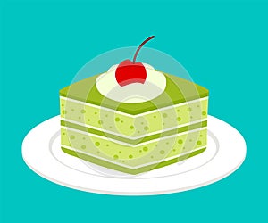Matcha Green Tea Cake Piece Cute Cartoon Sweet Dessert Bakery Pastry Vector Illustration