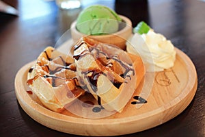 Matcha green tea ice cream and waffle