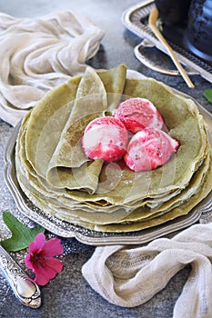 Matcha green tea pancakes and three balls of fruit ice cream