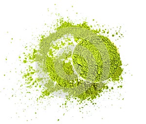 Matcha Green Tea Powder Diffuse on a white background. Top view