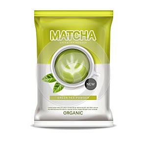 Matcha green tea powder vector realistic. Product placement mock up healthy drink label designs