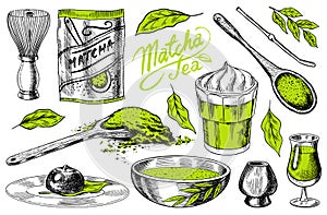 Matcha green tea set. Organic powder, bamboo whisk chasen, bowl chawan, spoon chashaku for Japanese ceremony. Healthy