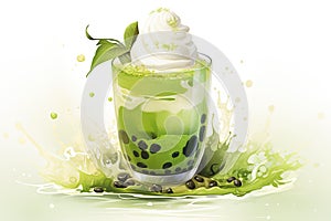 Matcha green tea with whipped cream and mint leaves. Vector illustration, Matcha bubble tea with milk and froth, AI Generated